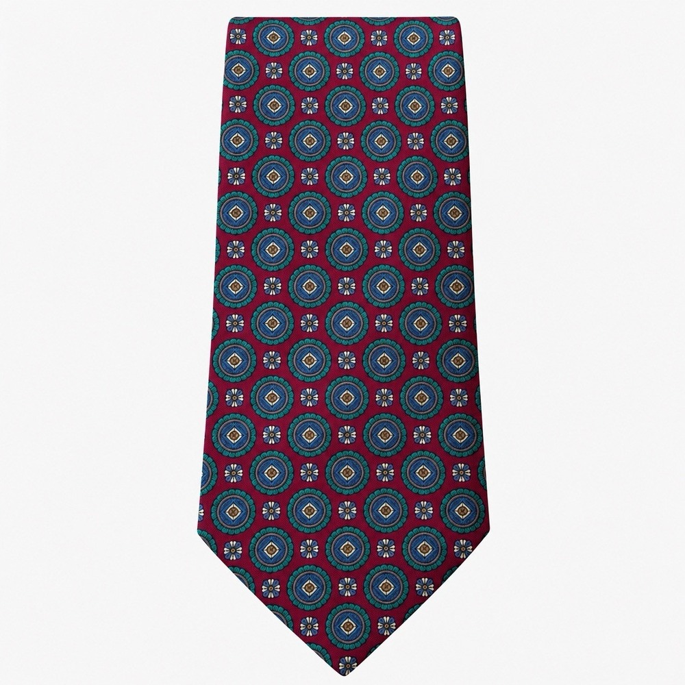 Jsaco Silk Necktie Men Burgundy Green Medallion Geometric Classic Preppy